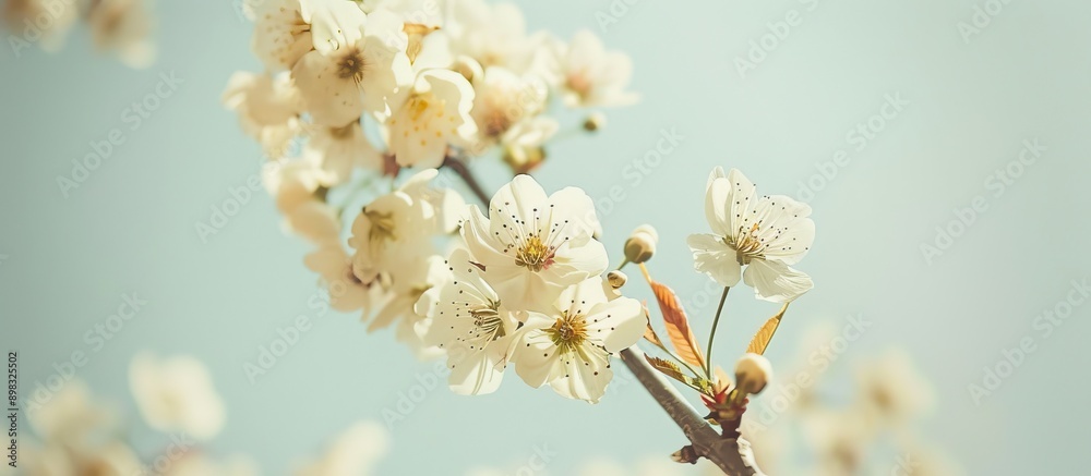 Aufkleber close up of cherry white flowers on a branch against a pale sky with selective focus in a spring gar