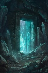 Mystic Cave Entrance. A frame of rugged rocks, illuminated by glowing crystals. The center is a dark cave opening, with a hint of light at the far end.