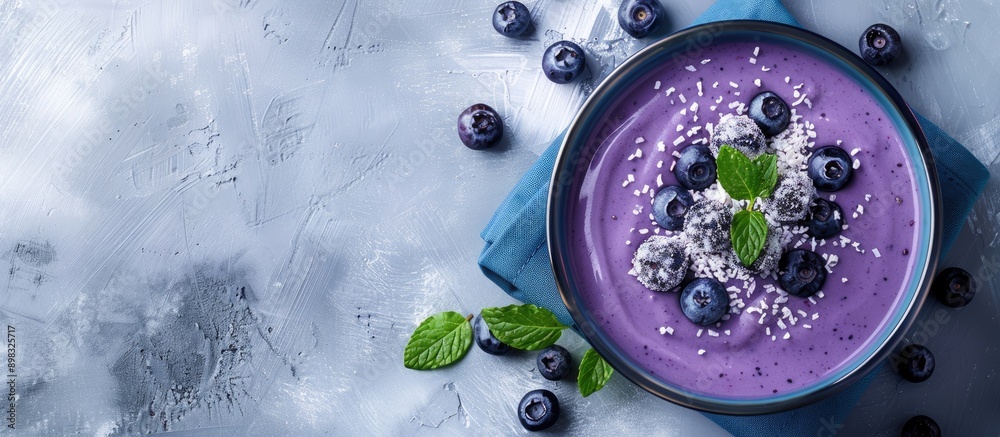 Aufkleber blue yogurt smoothie bowl with blueberries and coconut flour on a light concrete surface background 