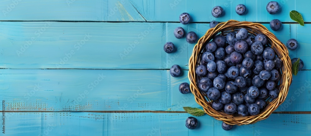 Poster blueberries in a wicker bowl on a blue wooden table in a flat lay shot background concept with a cop