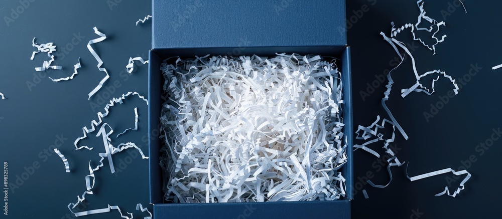 Aufkleber Top down view of an open navy box with shredded paper isolated with copy space image included