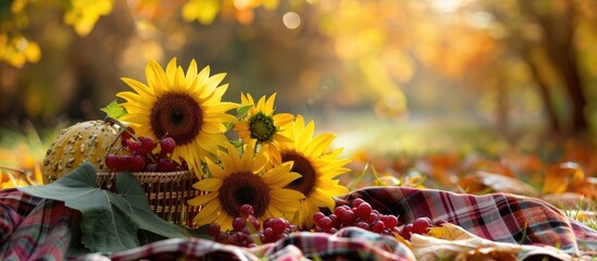 Colorful autumn picnic scene with sunflowers on a picnic blanket background showcasing a still life concept with room for additional image elements