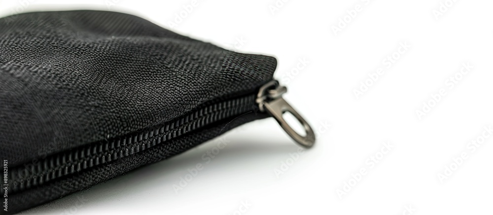 Poster Canvas pouch in black with zipper isolated on white background in a slightly blurred close up shot offering copy space for additional elements