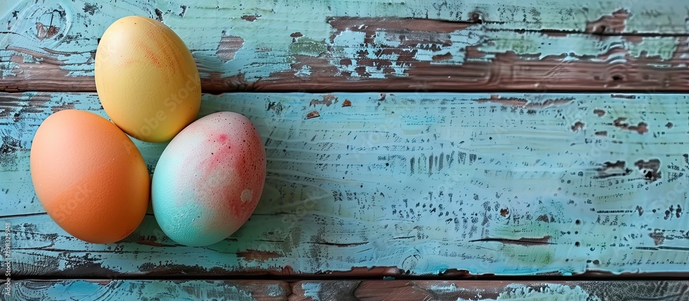Poster colorful vintage eggs displayed on a wooden table background suitable for copy space images