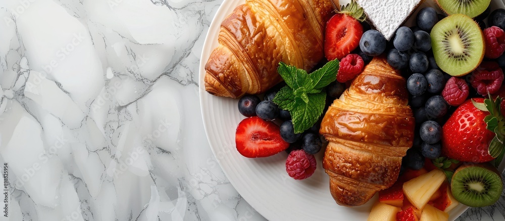 Poster top view of a breakfast spread featuring croissants and fresh fruits with copy space image