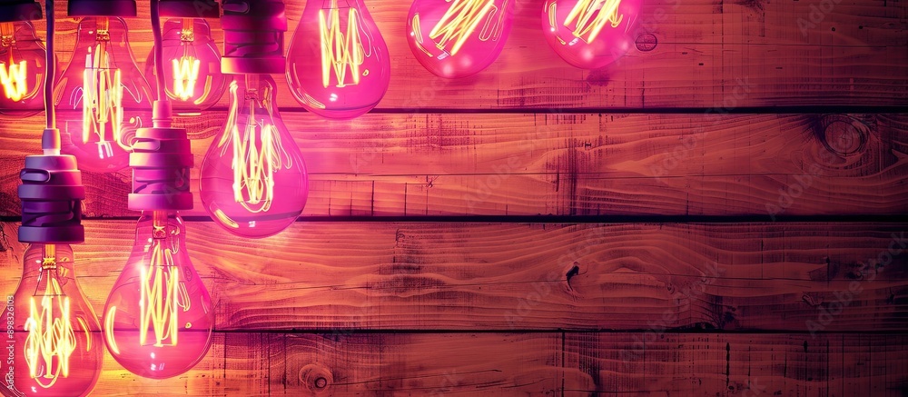 Poster close up view of neon light bulbs against wooden ceiling with copy space image