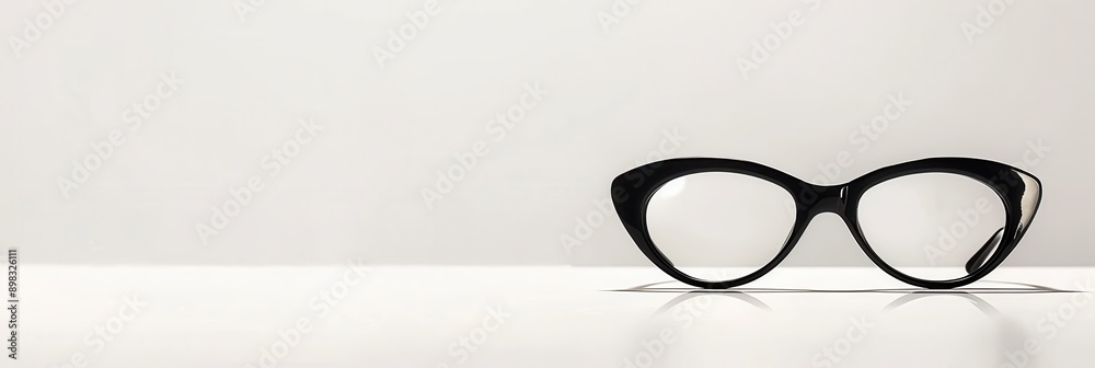 Aufkleber black cat-eye glasses lay on a white surface with a reflection. generative ai