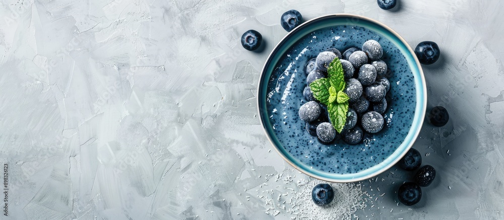 Aufkleber blue yogurt smoothie bowl with blueberries and coconut flour on a light concrete surface background 