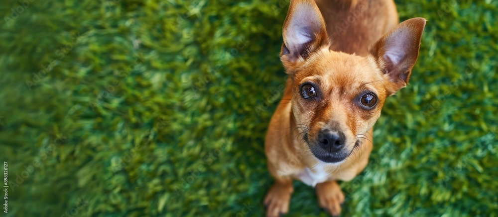 Poster a cute toy terrier standing on green grass seen from above in a domestic setting with copy space ima