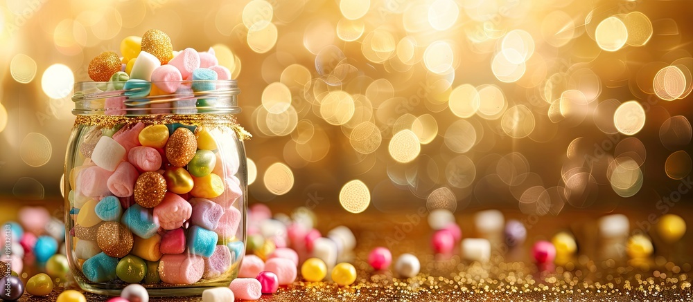 Poster colorful dragees candies and marshmallows in a glass jar for a festive party setup against a golden 