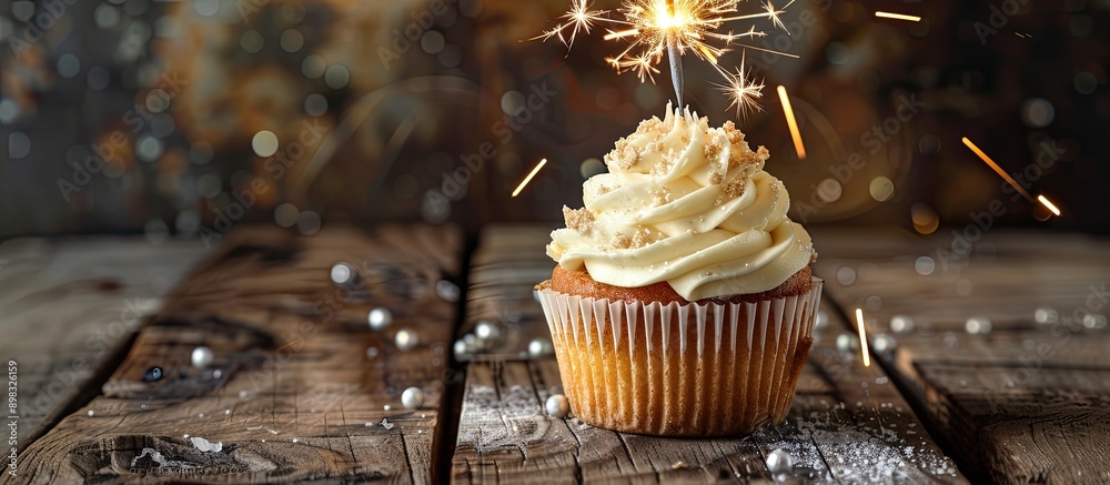 Poster a delicious cupcake with creamy buttercream and a sparkler on a wooden surface set against a dark ba