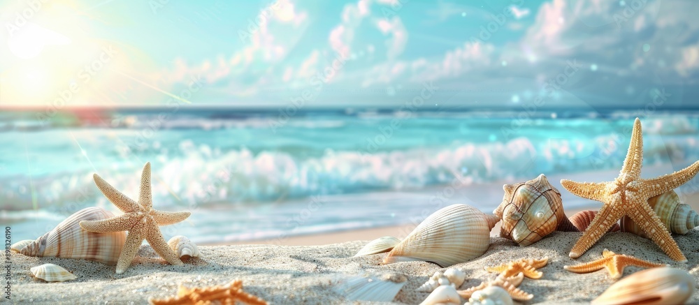 Poster beach setting with starfish seashells and a serene feeling evoking summer vacation ideal for a copy 