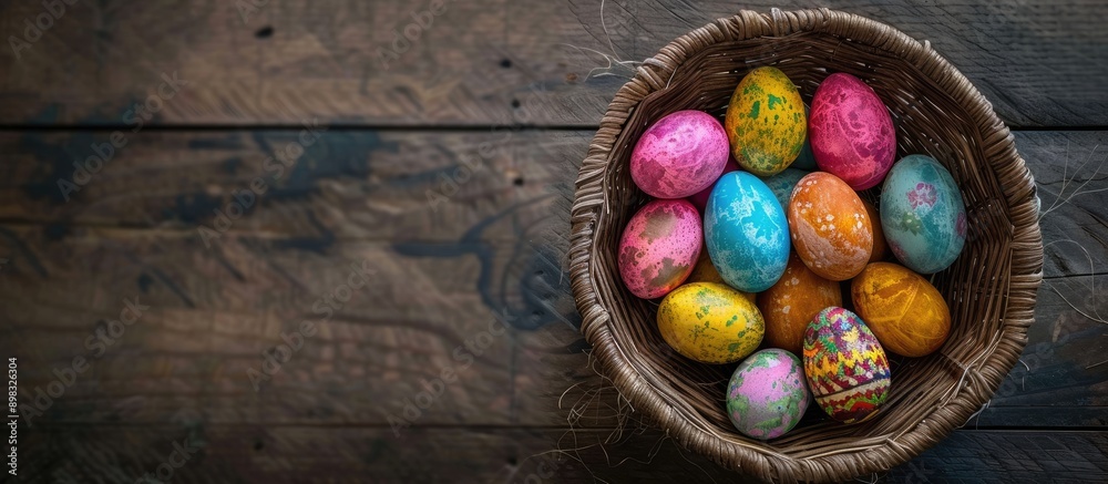 Leinwandbilder a top down view of easter eggs in a wicker bowl on a wooden surface with a clear area for additional