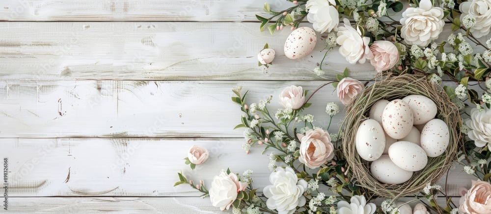 Poster a charming easter themed backdrop with blooming flowers and a nest filled with eggs set against whit