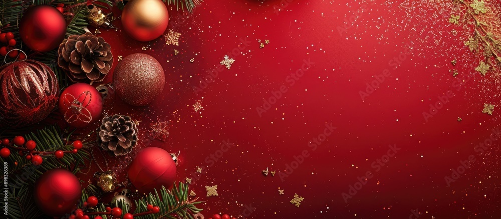 Aufkleber A top view of Christmas decorations and festivity on a red background with sparkling glitter creating a picturesque scene with ample copy space image