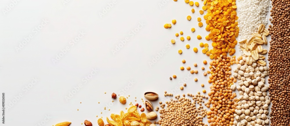 Poster Assorted cereals and legumes arranged on a white backdrop with ample copy space image