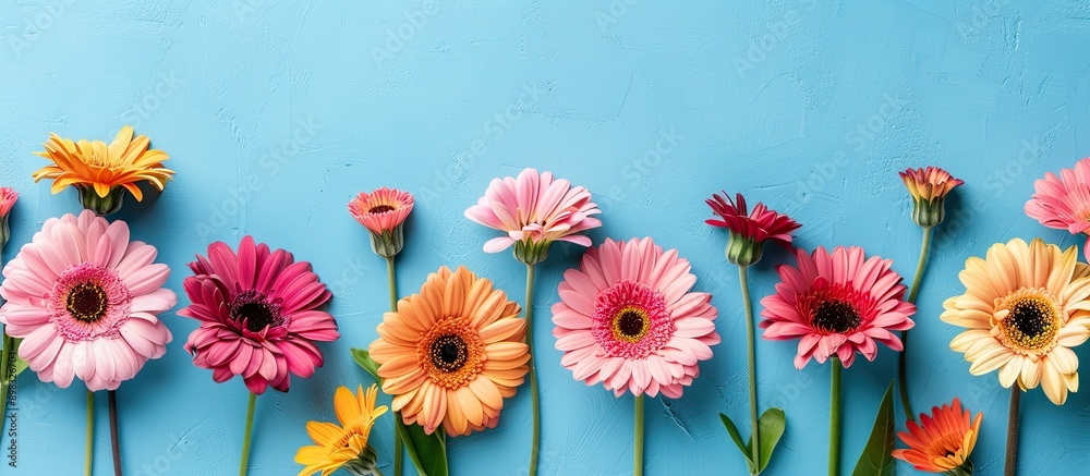 Poster banner with a border created from vibrant gerbera flowers set against a serene blue backdrop ideal f