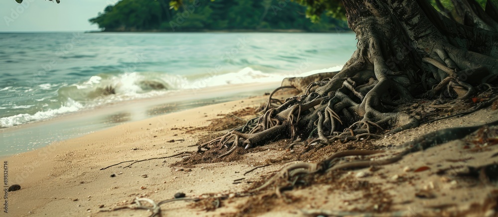 Poster Beach scene with tree roots on the sand creating a scenic copy space image