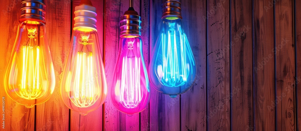 Poster close up view of neon light bulbs against wooden ceiling with copy space image
