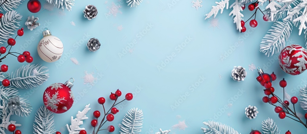 Poster top view of a christmas themed image with red and white decorations on a pastel blue background suit