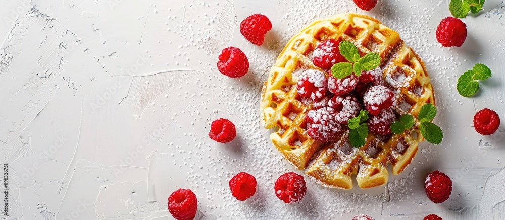 Leinwandbilder a delicious belgian waffle topped with raspberries sugar and mint on a white table seen from above t