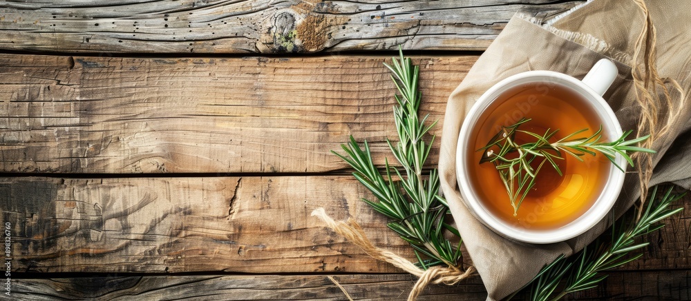 Poster a cup of fragrant herbal tea and rosemary on a rustic wooden table with a blank background for text 