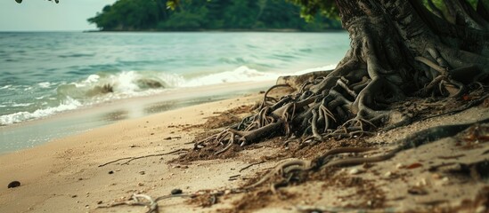 Beach scene with tree roots on the sand creating a scenic copy space image