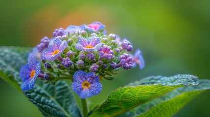Obraz premium A tight shot of a purple blossom on a verdant foliage plant, adorned with water beads on its petals