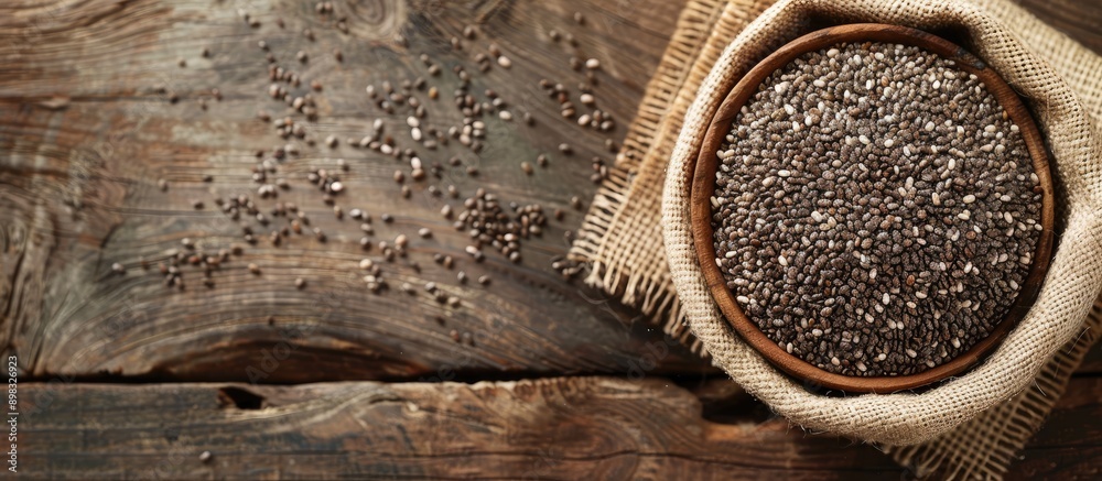 Poster chia seeds in a bowl on a wooden surface with copy space image