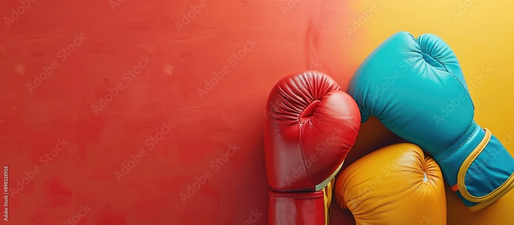 Poster colorful background showcasing boxing gloves and wristbands with copy space image