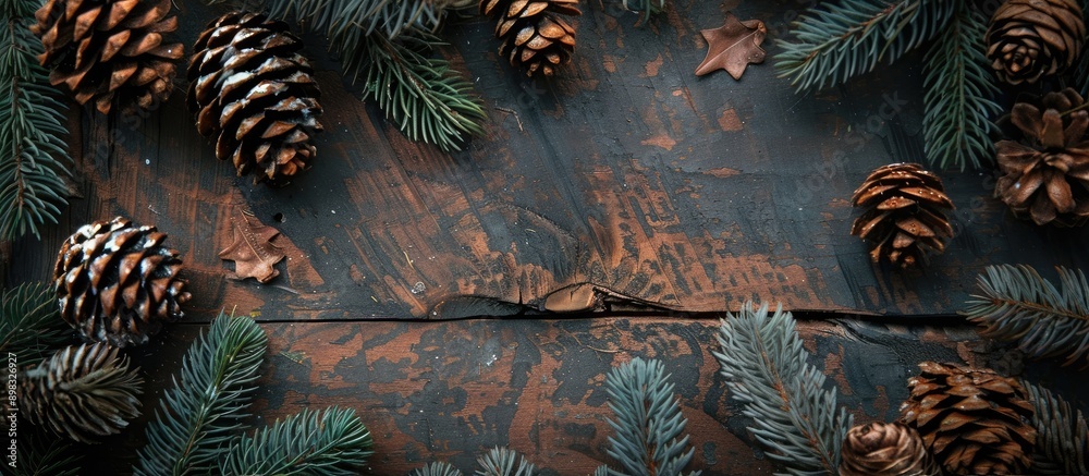 Poster Top view of a composition with pine cones and spruce branches on a wooden backdrop ideal for a copy space image