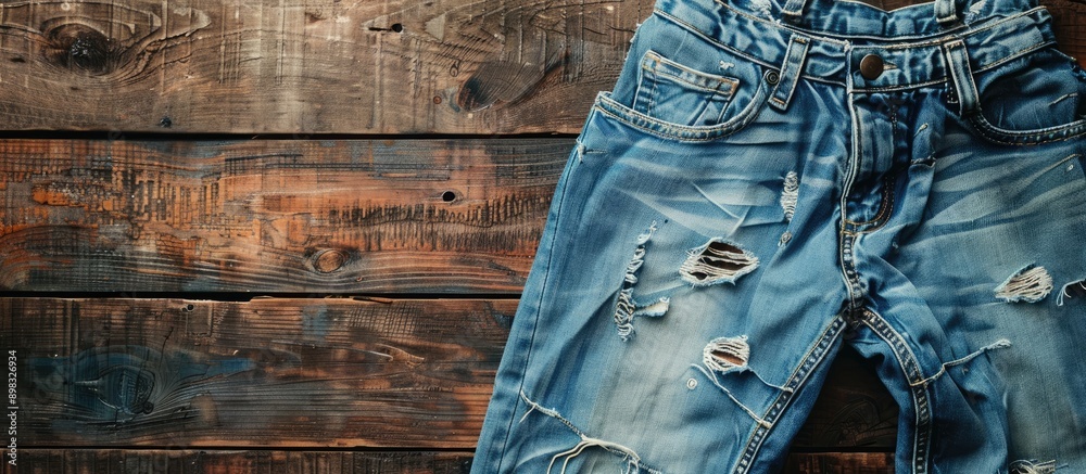 Poster Denim jeans with a ripped finish lie on a rustic wooden surface providing a versatile background for any copy space image
