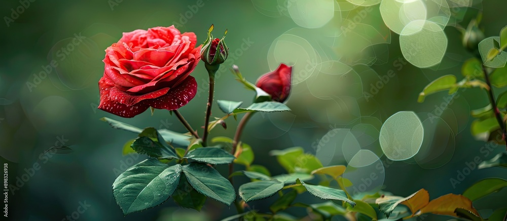 Aufkleber Blooming garden roses with a spotted red bud set against a green foliage background providing a visually appealing copy space image