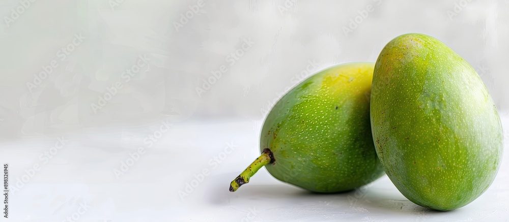 Poster close up of two fresh green mangoes with stem on white background creating a tropical food backgroun