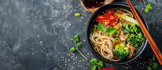 A bowl of nutritious soba noodle ramen with vegetables presented beautifully in a photo with empty space for text. Creative banner. Copyspace image