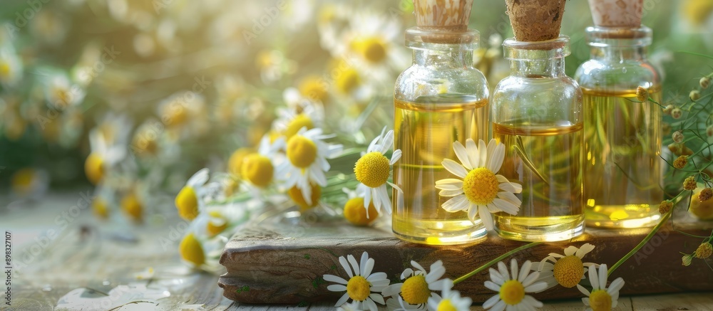 Poster bottles of medicinal herbs highlight chamomile oil extract with a selective focus on nature in a cop
