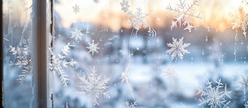 Fototapete create frosty drawings on a window background with copy space for a festive new year touch