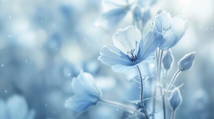  A tight shot of blue blooms against a backdrop of blue and white Background features a softly blurred sky