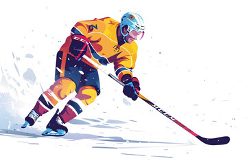 Obraz premium Dynamic hockey player skating with a puck in vibrant colors, showcasing speed and skill on the ice during a competitive match.