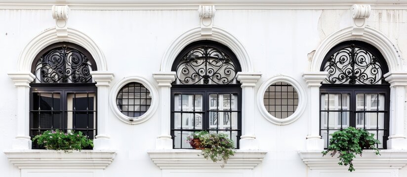 Circular windows with wrought iron on white walls create an elegant contrast emphasizing the architectural design featuring a charming backdrop for any copy space image