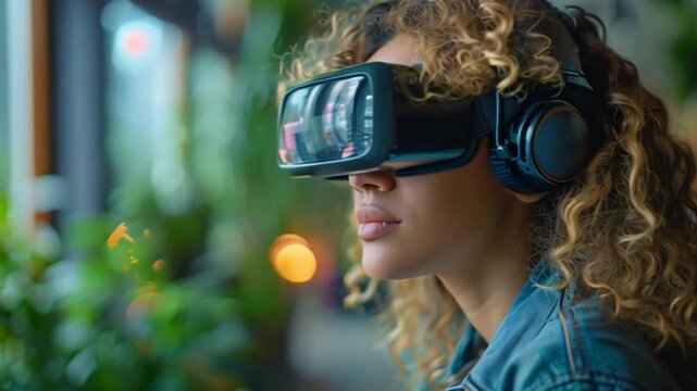 A woman wearing a VR headset and headphones is immersed in a cybersecurity training module.