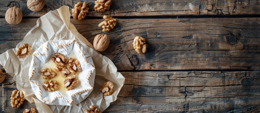 Aufkleber Top down view of Camembert or Brie cheese wrapped in paper with walnuts on a wooden surface for background allowing for copy space image