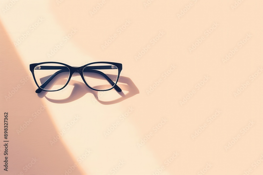 Poster black eyeglasses are laid flat on a light background with a beam of sunlight shining over the top. g