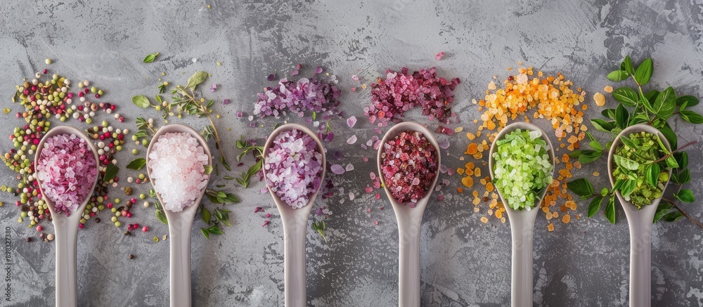 Poster Top down frame with colorful spa salt filled spoons featuring herbs on a grey background allowing for a copy space image to be added