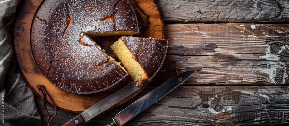 Poster A delectable cake with condensed milk displayed on a wooden backdrop while a knife slices a portion creating a delightful scene in the copy space image