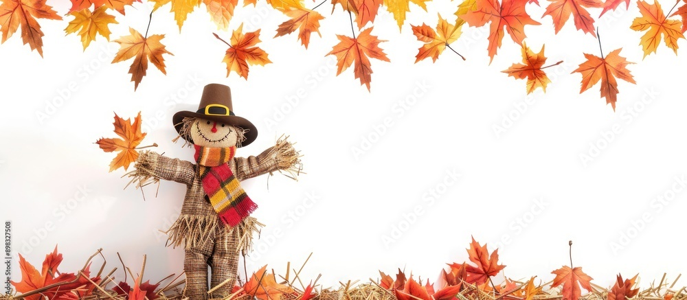 Poster Autumn themed scene featuring fall leaves and a scarecrow on a white background with copy space image