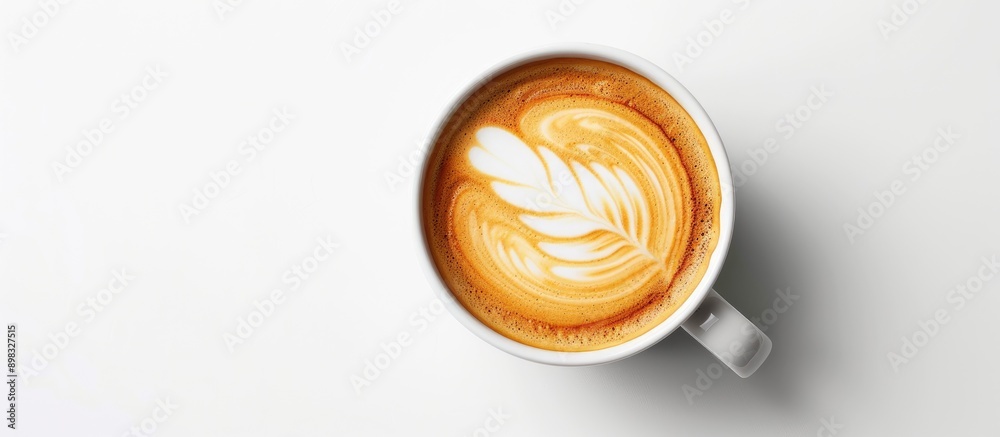 Poster close up top view of a white coffee cup with a foam fondue perfect for cappuccino or latte against a