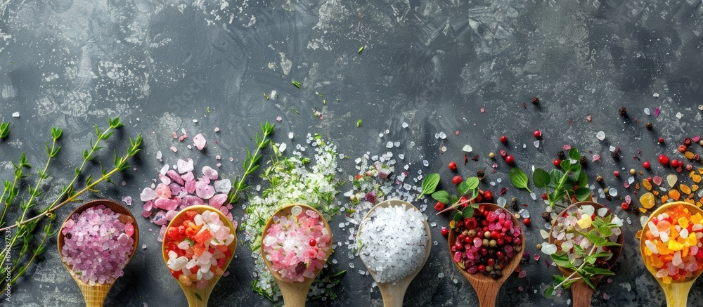 Poster Top down frame with colorful spa salt filled spoons featuring herbs on a grey background allowing for a copy space image to be added