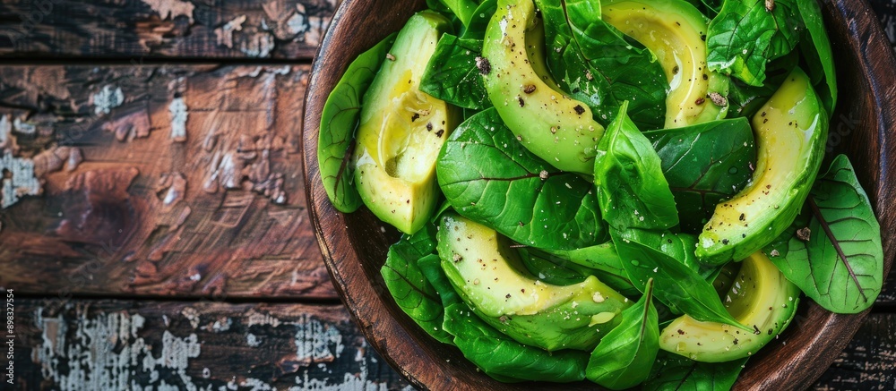 Poster Avocado salad placed on a rustic table with copy space image featuring fresh green leaves as a meal or snack
