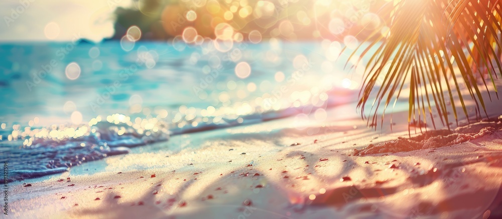 Poster abstract background of a blurred tropical beach illuminated by bokeh sunlight waves ideal for promot